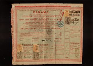 Canal Bond DD 1888 Ferd de Lesseps with 6 Tax Revenue Stamp