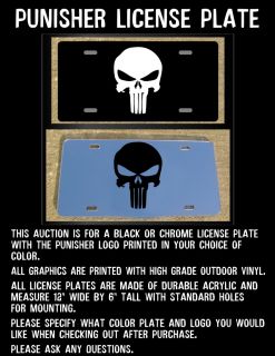 Punisher Custom Black or Chrome License Plate Any Color