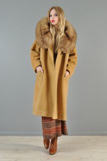 Lilli Ann Vtg 60s Camel Wool Fox Fur Swing Crystal Silver Dress Cape