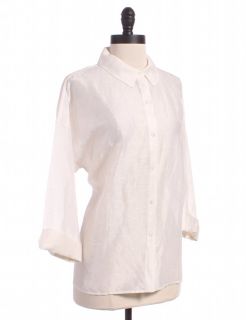 Eileen Fisher Linen Blend Peter Pan Collar Button Up Sz s Top White