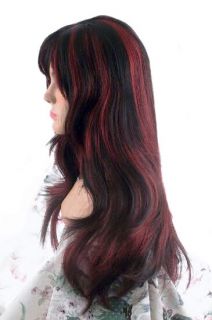 Long Layered Black Burgundy HL Wig Bangs Sexy Witch