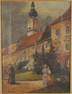 Antique Austrian Oil Painting Linz Promenade Landhaus Tower