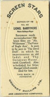Lionel Barrymore 1936 Godfrey Phillips Screen Stars Tobacco Card 45