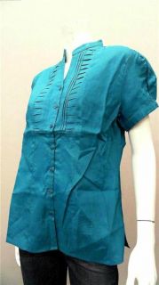 Lino USA Ladies Womens L Linen V Neck Button Down Top Teal Green Pleat
