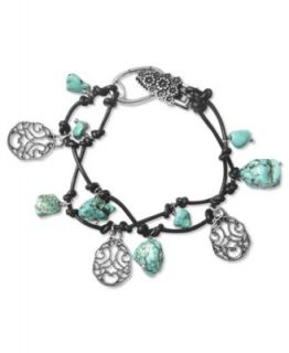 Lucky Brand Bracelet, Silver Tone Turquoise Charm Knotted Leather