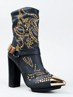 Jeffrey Campbell Lisa Marie Black Gold Studded Leather Cowboy Boot Sz