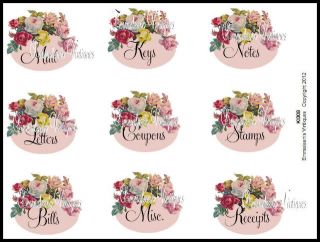 Shabby Floral Roses Kitchen Desk Organizer Label Decals KI308