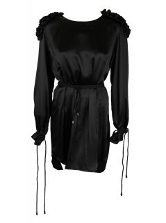 Victoria Black Silk Gathered Long Sleeve Dress M $742 New