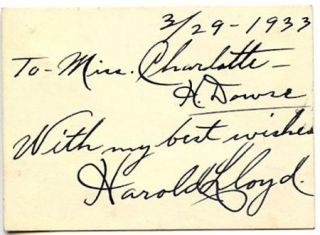 Harold Lloyd Vintage 1933 Original Signed Card Autographed with