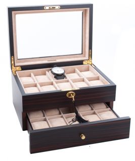 Axis Ebony Lockable Glossy Wood 20 Watch Box New
