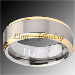 8mm Tungsten Gold Two Tone Engraved I Love You Ring Sz 11