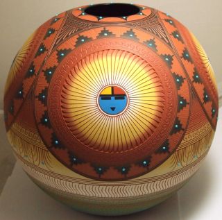 Navajo Etched Painted Sun Face Pottery Lori Smith