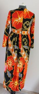 Vtg Lori Till Retro 60s Print Maxi Dress Hostess Gown Black Orange