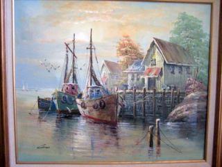Signed Luini Harbor Scene Oil Painting