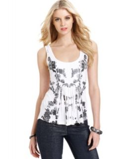 GUESS Top, Sleeveless Scoop Neck Lace Print Pleated Tank