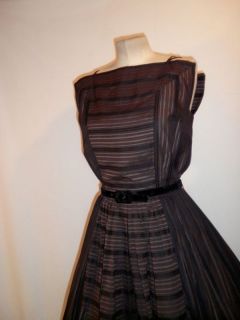 Vintage 50s Lucy Chocolate Striped Fit Flare Full Skirt Swing Party