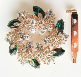 Green Flower Scarf Clip Also Brooch Gold GF Swarovski Crystal Wedding