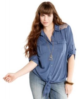American Rag Plus Size Shirt, Long Sleeve Chambray Lace   Plus Size