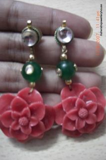 Beautiful Kundan Studs Green Onyx Kundan Bead Carved Coral Rose Flower