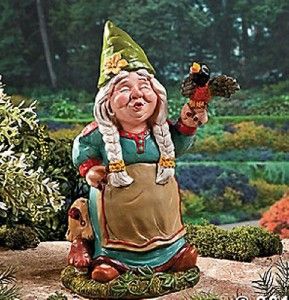 LARGE FEMALE GNOME UNIQUE WHIMSICAL GARDEN FIGURINE WITH SONGBIRD