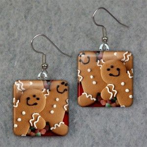 Gingerbread Man Glass Tile Art Earrings Pierced or Clip on C24