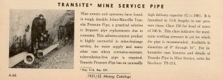 Johns Manville Asbestos Transite Pipe for Mining 50s Ad
