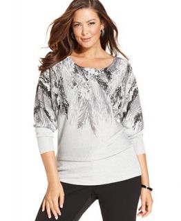 Alfani Plus Size Sweater, Long Sleeve Feather Print