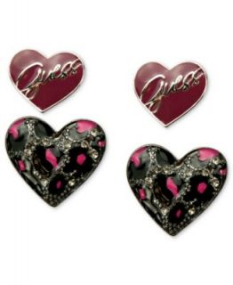 GUESS Earring Set, Hematite Tone Jet and Hot Pink Double Heart Stud