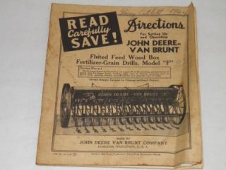 1944 Directions John Deere Van Brunt Model F Wood Box Fertilizer Grain