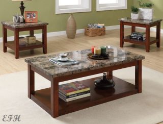 Faux Marble Top Brown Cherry Finish Wood Coffee End Table Set