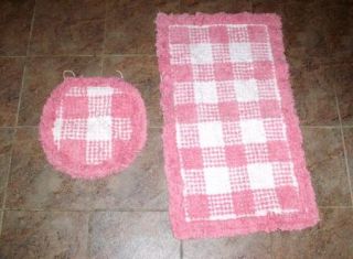 Vintage Pink Plaid Cotton Chenille Rug Toilet Lid Cover