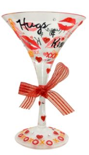 Hand Painted Large Hugs Kisses Valentines Martini Glass New