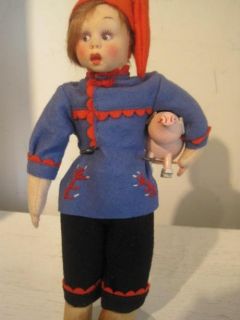 Lenci Mascotte with wood pig 9 inches tall Pig is pink blue polka dots