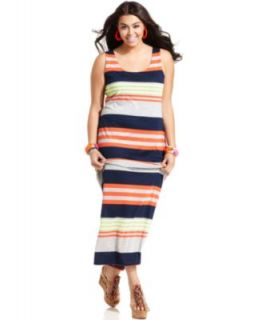 Love Squared Plus Size Dress, One Shoulder Striped Belted Maxi   Plus