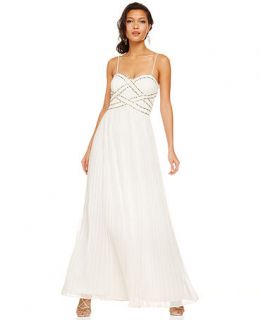 Betsy & Adam Dress, Spaghetti Strap Studded Pleated Gown   Womens
