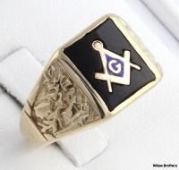 Blue Lodge Genuine Onyx Multi Symbol Masonic Ring   10k Yellow Gold