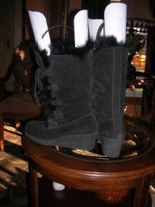 Maxine of Canada Rabbit Fur Line Black Suede Boots Size 8