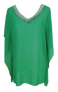 Sheer Emerald Green Beaded Kaftan Blouse Size 8 New