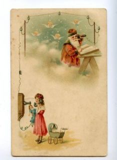 New Year Red Santa Claus w Telephone Girl Vintage PC