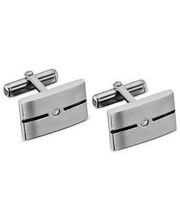 Stainless Steel Cuff Links, Diamond Accent and Black Enamel Stripe