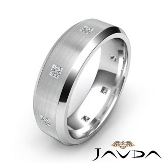 Princess Diamond Men Solid Eternity Ring Brushed Wedding Band Platinum