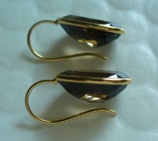 Estate 14k Gold Smokey Quartz Topaz Teardrop Pear Cut Hook Earrings