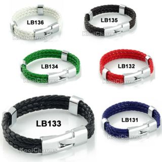 Mens Black White Blue Rope Leather Stainless Steel Bracelet 6 Options