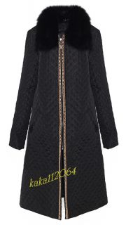 Ladies 422 Fox Fur Collar Noble Chain Zipper Long Coat Jacket Black Sz