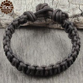 Mens Leather Bracelet Brown Cord Knotted Cuff Surfer Earthy Eco Surf