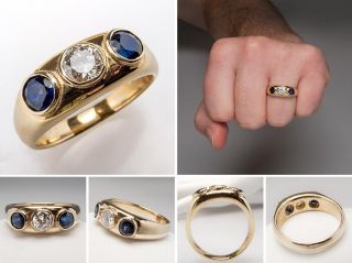 Vintage Mens Genuine Diamond Blue Sapphire Wedding Band Ring Solid 14k