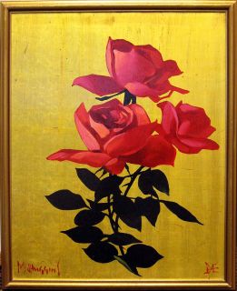 Michael Huggins Red Roses Original Oil Gold Leaf Painting Artwork