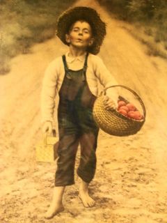 Antique 1901 by Campbell Art Co Framed Barefoot Boy with Fruit Basket