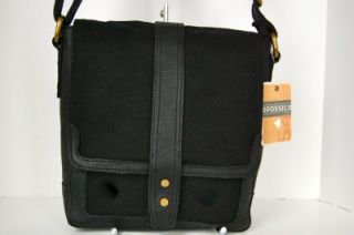 New Fossil Mens Black Canvas Leather Ranger City Bag Cross Body Small