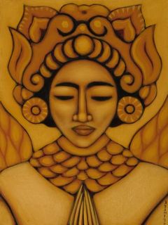 Print Mexican Folk Art Golden Aztec Goddess Painting